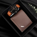 Men's gift set featuring a black chronograph watch, brown leather strap, and PU leather wallet - Brown Watch + Wallet + Gift Box