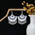 Silver vintage bohemian fan-shaped tassel earrings with blue enamel detailing - Silver Blue Fan Multilayer Tassel(E5830)