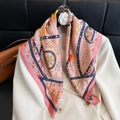 Pink silk-feel square scarf with floral and violin print styled on a white suit jacket - New Silk Scarf Small Square Scarf Size 36 / 65