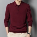 Men's slim-fit knit polo sweater in deep wine red with long sleeves and lapel collar - M / Tops / Deep Wine Red
