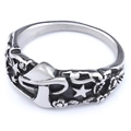 Vintage stainless steel ring with 3D engraved mushroom and star patterns on white background - US 7 / Silver