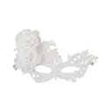 Elegant white lace masquerade mask featuring delicate 3D floral accents on a plain background - Double Rose White Phoenix Regular (5921298012664)