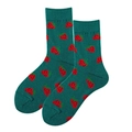 Deep green crew socks with cute red strawberry patterns and ribbed cotton cuffs - Green Strawberry