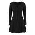 Vestido corto negro de punto con manga larga, cuello con lazo y dobladillo plisado suave - S / Negro