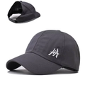 Detail of high ponytail opening and HA embroidery on dark grey cotton baseball cap - Adjustable / Gray