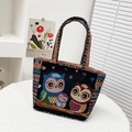 Ethnic black canvas tote bag with colorful owl embroidery and striped handle - Family of Three