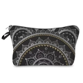 Detailed view of mandala printed black cosmetic bag with gold accents and zipper - Black Base Gold and Silver Mandala Style