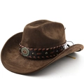Deep brown faux suede western cowboy hat with studded leather band and turquoise buckle - Coffee