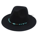 Detailed shot of ethnic style turquoise beads and stones on black wool felt fedora hat - M (56-58cm) / Black