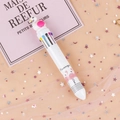 White multi-color ballpoint pen with flamingo design and 3D topper on pink starry mesh - White Flamingo