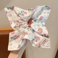 Plaid scrunchie with tulip and butterfly prints, featuring a handmade label and rhinestone - Tulip Butterfly Rabbit