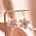 Floral earrings with shell petals, blue gemstone center and 925 silver golden hook - Blue Baroque Pearl Flower Dangle (Blue/White)