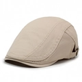 Unisex beige cotton beret flat cap with side metal buckle and fine stitching details - Adjustable / Deep Beige