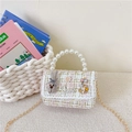 Pink and white tweed kids handbag with pearl handle and cute bunny pendant charm - Khaki Rabbit