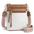 Borsa a tracolla verticale bicolore in pelle con tracolla jacquard e doppie zip - Bianco e Marrone