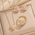 Pink heart-shaped zircon necklace set with earrings and ring in a gold finish - Pink Zircon Heart 3-Piece Set (8852)