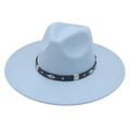 Classic light blue wide brim fedora hat with black studded band and diamond metal accents - Adult (57-62cm) / Sky Blue