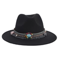 Detail of black fedora with bohemian woven band, turquoise stone, and fringe tassels - Ethnic Turquoise Tassel