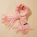 Light pink cashmere scarf featuring delicate fringe tassels and material brand tag - Snow Bud Pink
