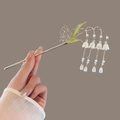 Chinese hair pin with butterfly design, green enamel leaf, and lily of the valley tassels - F0550 Lily of the Valley