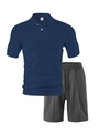 Détail de polo bleu marine et short de sport gris anthracite avec texture gaufre fine - S / Haut Marine + Short Gris