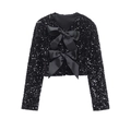 Detalle de chaqueta negra de lentejuelas con lazos de satén y tejido con textura - XS / Negro de Alta Calidad