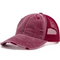 Distressed burgundy washed cotton trucker hat with vintage ripped mesh detailing - Adjustable / Burgundy