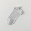 Light grey knitted ankle socks with delicate white lace trim and a sweet ribbon bow - One Size / Gray