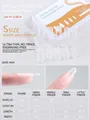 Detailed size chart for almond press-on nails showing length and width measurements - Short Stiletto (Size S)