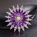 Vintage sunflower brooch with purple crystals and gold metal base on black leather - Light Purple & Lavender with AB White & Purple Acrylic (Eco-friendly Bag)