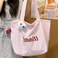 Pink drawstring tote bag for women with white plush bunny charm and large capacity - Pink with Rabbit Charm