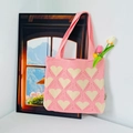 Pink heart pattern knitted tote bag for women with tulips inside for a fresh aesthetic look - Pink Heart Beige