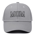 Close-up of grey cotton baseball cap featuring black embroidered MOM text and curved brim - Adjustable / Grey MOM