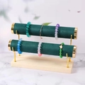 Double-tier dark green velvet bracelet display stand with gold metal and wood base - 2-Tier Green
