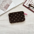 Brown teddy plush pouch with heart pattern and pink zipper for coin or earphone storage - Lamb Wool Heart Brown