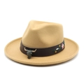 Detail of western wool felt hat with embroidered leather band and metal bull head charm - M (56-58cm) / Camel