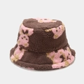 Deep brown faux lambswool bucket hat with cute pink and khaki cartoon bear pattern - M (56-58cm) / Pink