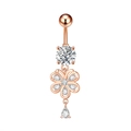 Detailed view of rose gold navel ring featuring zircon floral pendant and drop crystal - 2696 Rose Gold (Hollow Flower Dangle)