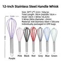 Silicone whisk set with stainless steel handles in seven vibrant color variants - 12-inch Egg Beater (single Color) / Red