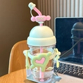 Pink and mint green macaron straw water bottle with heart silicone sleeve and strap - Heart Green Pink