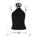 Detail of black halter top featuring a gold metal buckle on the neckline for women - S / Black
