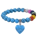 Detailed shot of turquoise bead bracelet with chakra stones and a heart pendant charm - Turquoise (WB1024) / Turquoise Bracelet