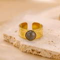 Vintage golden stainless steel adjustable ring featuring a round labradorite stone - Gold-Labradorite Style