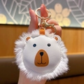 Cute white plush and leather bear head keychain with gold metal ring for bags - Polar Bear