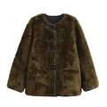 Close-up of olive faux fur coat showing plush texture, black trim and round buttons - S / Army Green