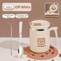Crèmewitte 500ml roestvrijstalen koffiebeker met rietje, vouwlepel en beertjesmotief - Beker + Opvouwbare Lepel + Rietje / Broken Wit