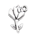 Pendentif rose argenté de style antique avec tige et feuilles pour bijoux DIY - 1 Pièce Fleur de Rose 11x15mm