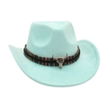 Light blue wide brim jazz cowboy hat with ethnic band and metal bull skull charm - Emerald Green