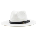 Breathable white Panama straw hat with black leather band and gold buckle for summer - M (56-58cm) / White