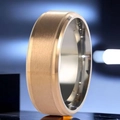 Close-up of 8mm gold titanium ring with brushed center and polished beveled edges - Brushed Rose Gold